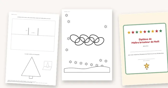 Pages de la version complète : un gabarit à découper, un coloriage d'hiver et le diplôme